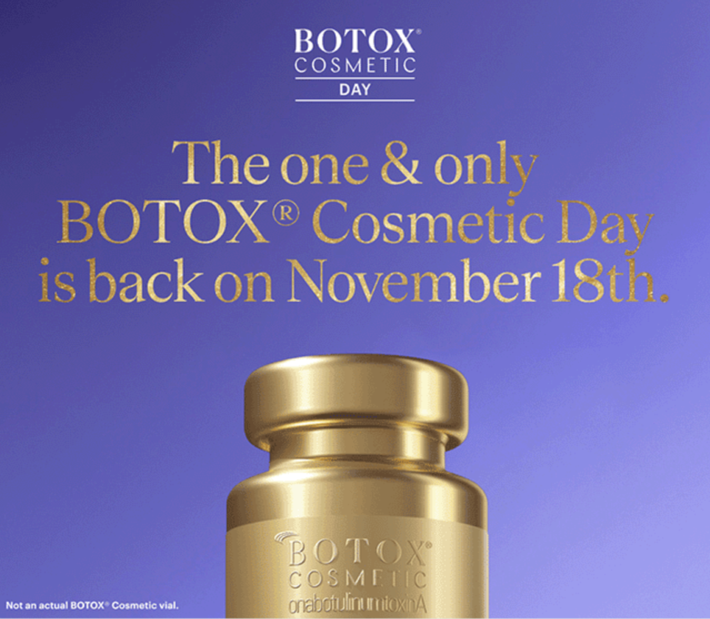 Botox Cosmetic Day promotion for November 18, 2026, featuring a gold Botox vial on a purple background.